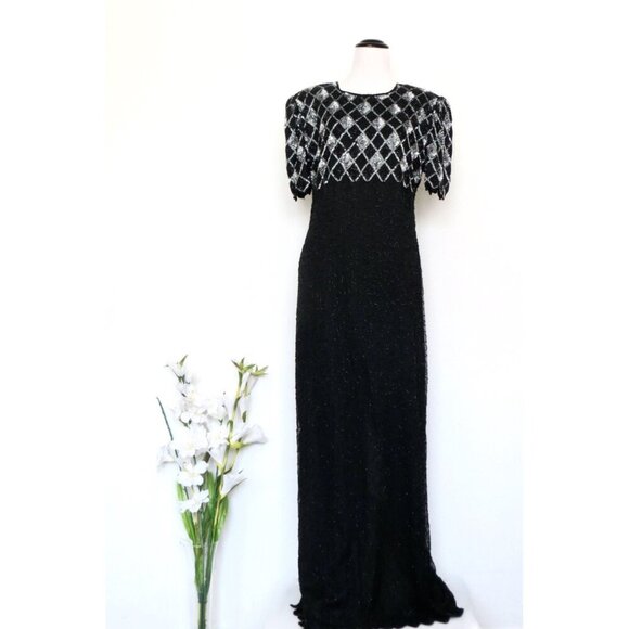 Vintage Laurence Kazar 100% Silk Black Beaded Sequin Dress Gown Black SZ L - Picture 1 of 8